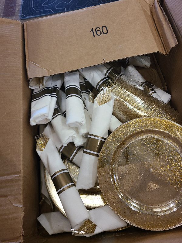 Photo 1 of WELLIFE 210Pcs Gold Glitter Dinnerware Set, Gold Glitter Disposable Dinnerware for 30 Guests, Include: 30Dinner Plates, 30Dessert Plates, 90Gold Glitter Silverware, 30 Cups, 30 Paper Napkins