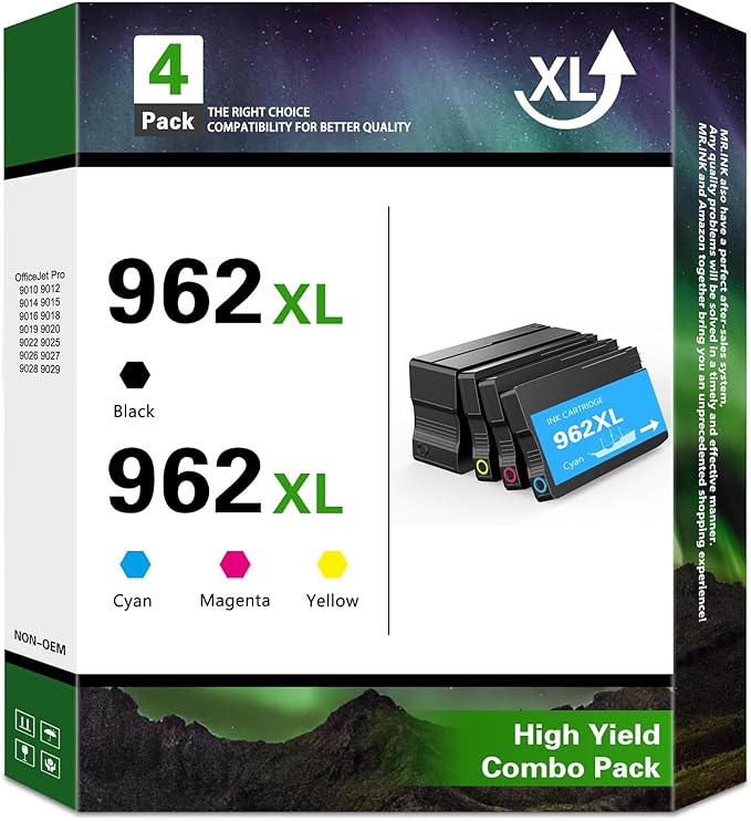 Photo 1 of 962XL Ink Cartridges 4 Pack Compatible for 962 Black Color 962XL for OfficeJet Pro 9010 9015 9025 9010 9012 9015 9018 9020 9022 9022 9028