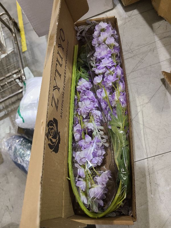 Photo 1 of ZYTUYO Purple Delphinium Artificial Flower Long Stem 4pcs 33.5in Fake Larkspur Faux Look Real Silk Plant Bulk Bouquet for Outdoor Tall Vase Home Garden Wedding Arrangement Decoration