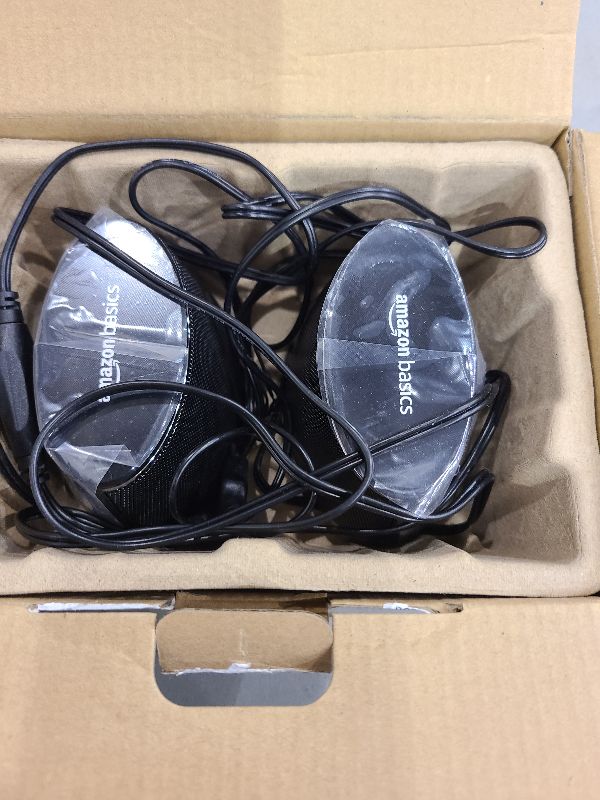 Photo 1 of Amazon Basics Stereo 2.0 Speakers for PC or Laptop, 3.5mm Aux input, USB-Powered, 1 Pair, Black