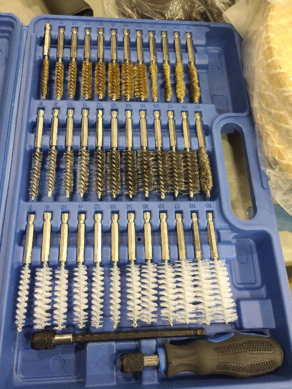 Photo 1 of NEIKO 00325A Wire Brush Drill Attachments with 1/4-Inch Hex Shank, SAE and MM Brushes Assortment, Mountable on Power Drill or Die Grinder, 38-Piece Set