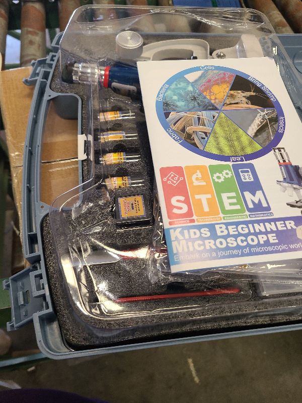Photo 1 of 58-Piece Kids Microscope Kit - 100X-1200X Magnification, Metal Body, LED Light, Carrying Box - Science Experiment Toy for Kids Ages 5-12