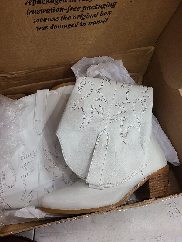 Photo 1 of Cowboy Boots for Women Knee High Wide Calf Cowgirl Boots Embroidered Chunky Heels Pointed Toe Long Tall Western Boot Pull On (White, Size 9)