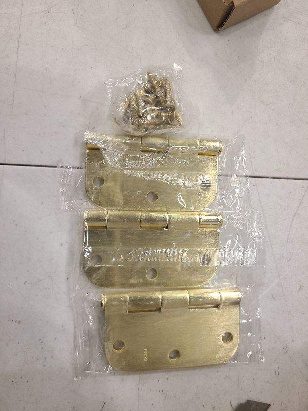 Photo 1 of 3 Pack Round Door Hinges 3-1/2" x 3.5 inch, 5/8 Radius, Brushed Brass 3 ½ Inch Satin Gold House Interior Hinge for Bed/Living/Guest/Pantry/Storage/Study/Work Room Doors Heavy Duty Iron Hardware Kit