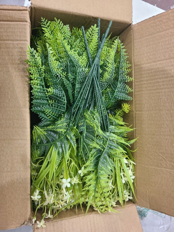Photo 1 of 24 Bundles Artificial Plants Flowers for Outdoors Summer Decor, UV Resistant Fake Plants Plastic Faux Boston Fern Lavender Flowers Boxwood Greenery Shrubs for Gardens Porch Yard Home Spring Decor