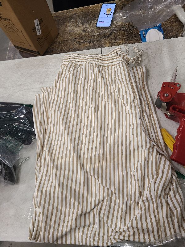 Photo 1 of Acelitt Womens Casual Striped Loose Wide Leg Pants Drawstring Elastic High Waisted 2025 Summer Trendy Relaxed Fit Beach Pants Trousers Khaki XL