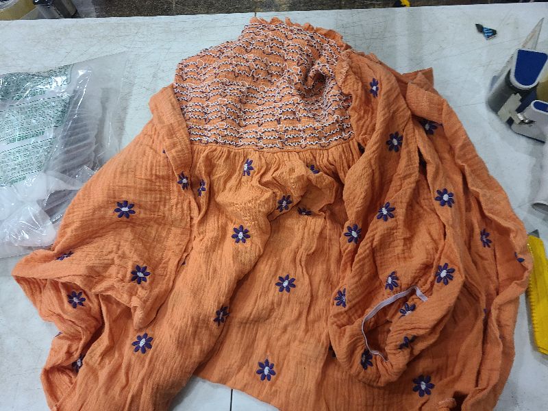 Photo 1 of ABYOVRT Women Floral Embroidered Maxi Dress Long Puff Sleeve Square Neck Bohemian Flowy Dress with Pockets Smocked Fall Dress (Orange,S)