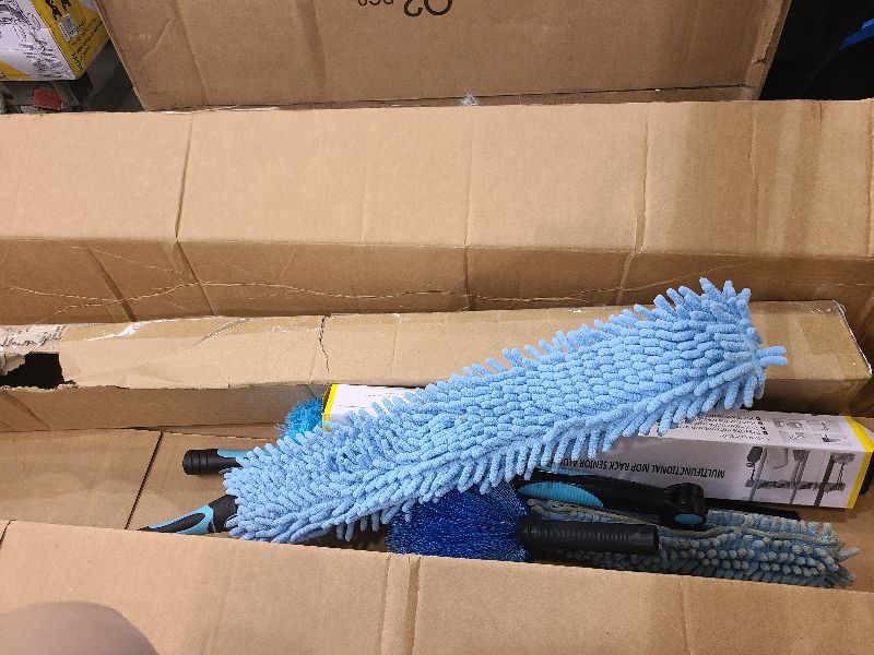 Photo 1 of 20ft Heavy-Duty Telescoping Ceiling Duster with 5-12ft Pole - Fan Blade Cleaner, Cobweb Remover & Blue Window Squeegee Kit, Washable Dust Brush for High Roof and Glass Surfaces(WINDOW MICROFIBER PAD WILL NEED WASHED)