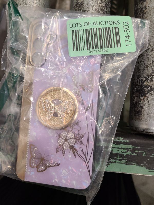 Photo 1 of AmazFCCY Galaxy A14 5G Kickstand Case, Cute Marble Conch Shell Floral Butterfly with Ring Stand Mirror Elegant Shockproof Protective Cover for Girls Women for Samsung A14 5G (Purple)
