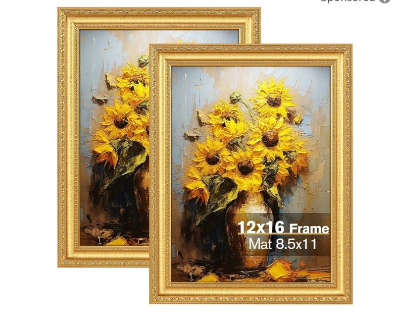 Photo 1 of 12x16 Gold Picture Frames Set of 2, Ornate Vintage 12 x 16 Photo Frames for Wall Decor or Tabletop Display, 16x12 Gold Frames with Real Glass, Display 8.5x11 Pictures with Mat or 12x16 without Mat for Antique Déco