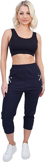 Photo 1 of  Style Lockers® Ladies Cherry Berry Plain Cropped 3-4 Length Trouser Stretch Fit Elastic Waist Summer Capri Pants UK SIZE 4