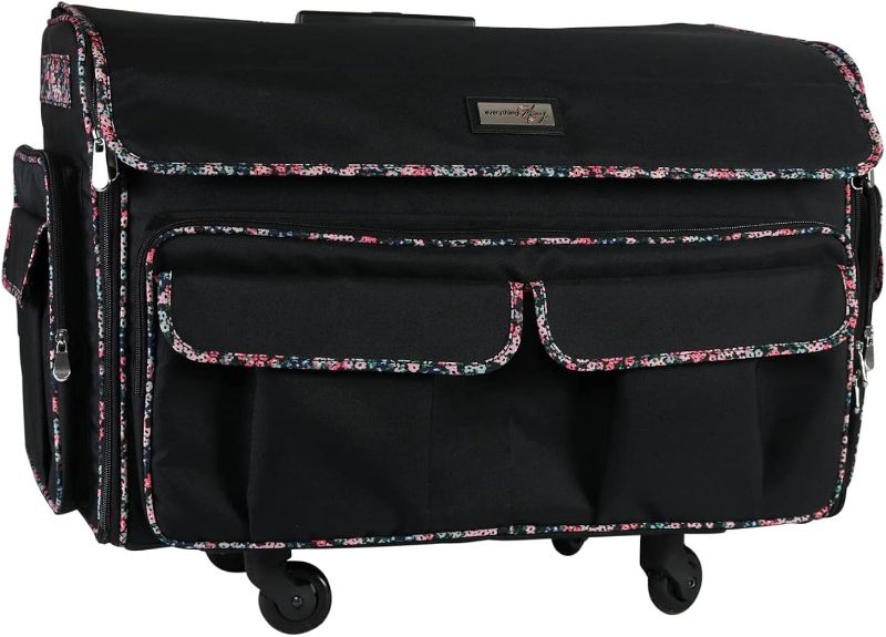 Photo 1 of Everything Mary XXL Rolling Sewing Tote Sewing Machine Case, Black Floral - Rolling Carrying Storage Cover for Large Brother and Singer Machines - Universal Travel & Craft Tote Bag
