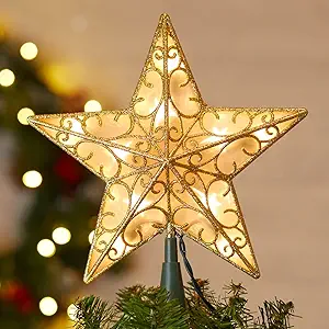 Photo 1 of Christmas Star Tree Topper, 9.5 in Plug in Golden Glittered 3D Star Tree Topper, Metal Hollow Designed Built-in 10 Bulbs String Lights for Indoor Office Christmas New Year Holiday Tree Decoration

