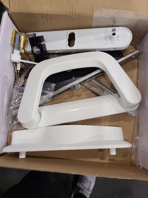 Photo 1 of ALLYWASAI Sliding Patio Door Handle Set with Mortise Lock, Suitable for Sliding Glass Patio Door Thickness from 1.5in to 2in, 4-15/16" Screw Holes, Need to Drill, Reversible Design, Keyed, White