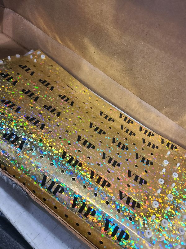 Photo 1 of 100 WristCo Premium Holographic Gold VIP Plastic Secure Snap Wristbands - 5/8" x 10" - Waterproof, Durable, Tearproof, Wrist Bands Used at Waterparks Concerts Conferences for Security Admission