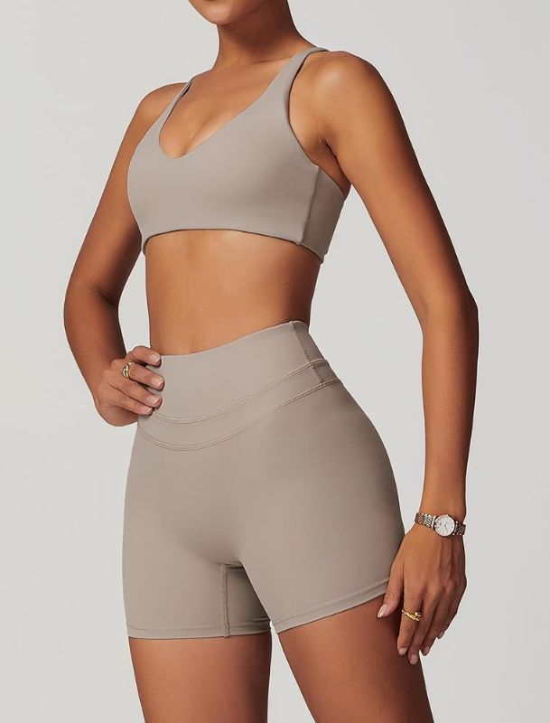 Photo 1 of  ABOCIW Workout Sets for Women 2 Piece V Neck Twist Back Sports Bra High Waist Biker Shorts Yoga Outfits Cream ' Medium 