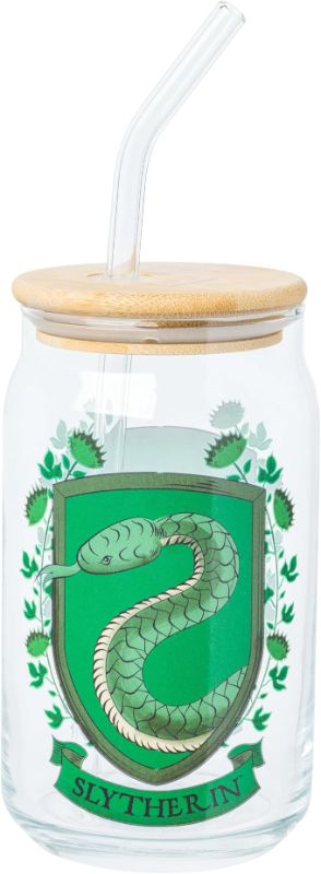 Photo 1 of Silver Buffalo Harry Potter Slytherin House Crest 16oz Glass Tumbler with Bamboo Lid and Glass Straw

