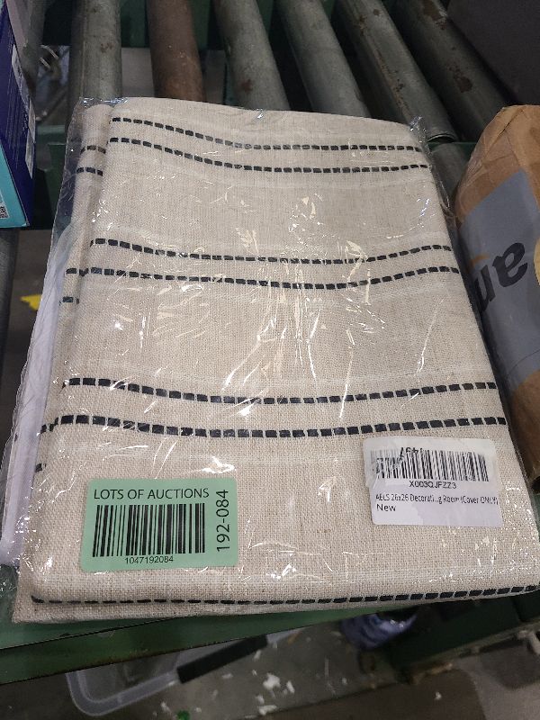 Photo 1 of AELS 26x26 Decorative Farmhouse Linen Throw Pillow Covers, Boho Textured Pillow Case, Set of 2, Beige with White & Black Stitch Yarn Dyed Stripe Cushion Cover for Sofa Couch Living Room (Cover ONLY)