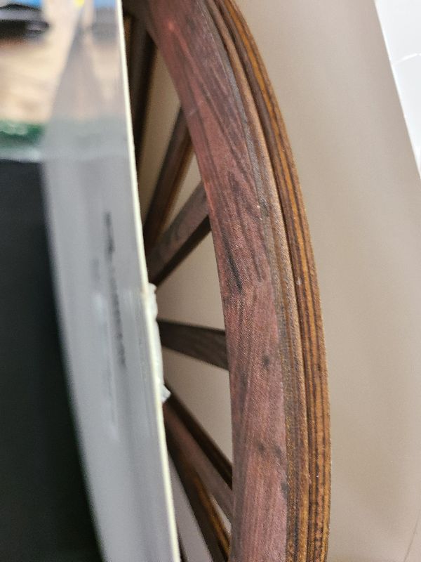 Photo 1 of 2 Pcs Wagon Wheel Decor Wooden Western Cowboy Party Decorations Vintage Rustic Wagon Wheel Wood Cartwheel Decor for Bar Garage Indoor Outdoor (Brown,12 Inch)