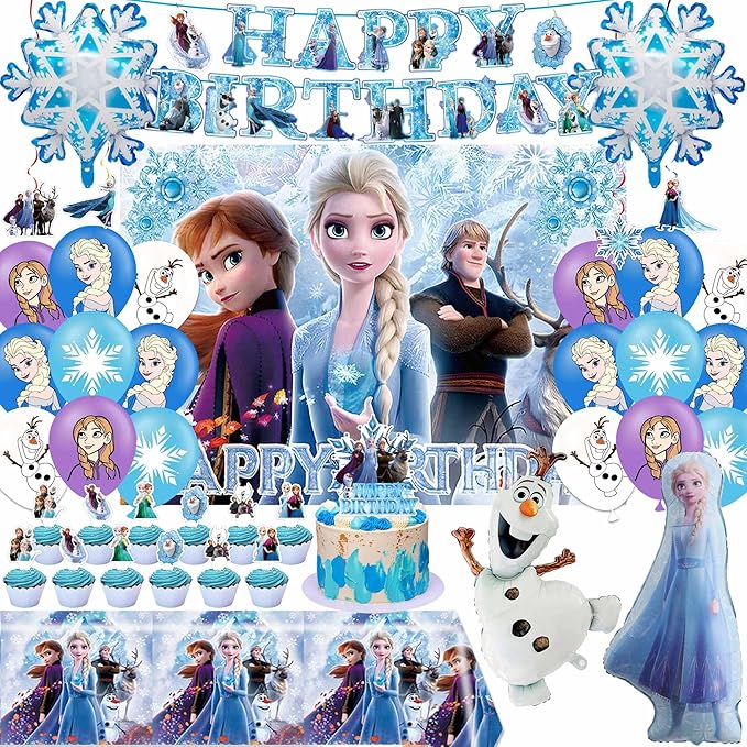 Photo 1 of Frozen Birthday Party Supplies, Frozen Decorations for Birthday Include Snowflake Balloons, Happy Birthday Banner, Frozen Backdrop, Tablecloth, Hanging Swirls, Cupcake Toppers
