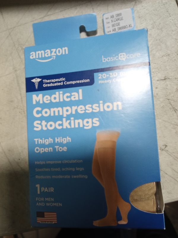 Photo 1 of Amazon Basic Care Medical Compression Stockings, 20-30 mmHg Support, Women & Men Thigh Length Hose, Open Toe, Beige, X-Large (Previously NuVein)
