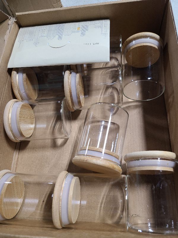 Photo 1 of 4oz Glass Spice Jars with Bamboo Lids, 10 (1 MISSING) Pack Clear Borosilicate Glass Food Storage Containers with Wooden Airtight Lids, Cylinder Glass Bottles with Lids for Kitchen Spice Sugar Salt Coffee Tea-- MISSING 1 (9 IN BOX)