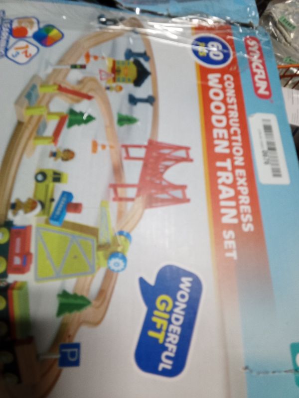 Photo 1 of 60PCS Wooden Train Set - Construction Express, Engineering Railway with Magnetic Crane, Trains & Accessories, Perfect Christmas Birthday Party Toy Gift for Kids Toddlers Boys Girls Ages 2-8
