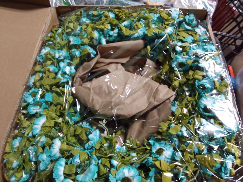 Photo 1 of 22 Inch Artificial Floral Wreath for Front Door, Rustic Style Multiple Colors Wild Chrysanthemums All Seasons Wreath for Home Wedding Festival Farmhouse Indoor Outdoor Decor(Fluorescent Blue)