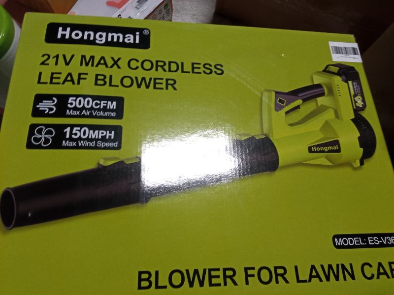 Photo 1 of **NO BATTERY**
Hongmai Leaf Blower Cordless, 500 CFM 21V Electric Cordless Leaf Blower with 4.0Ah Battery and Charger, Lightweight, 6 Speed Modes, for Lawn Care, Patio, Blowing Leaves and Dust (Green)