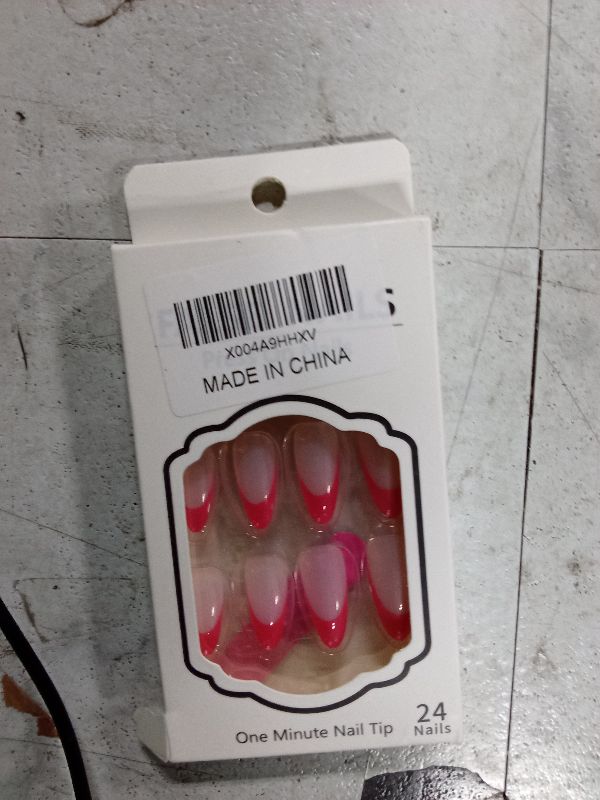 Photo 1 of 24Pcs Hot Pink French Tip Press on Nails Short Almond Fake Nails Reusable Acrylic False Nails Natural Nude Pink Full Cover Glue on Nails Glossy Artificial Nails Stick on Nails for Women Nail Decor