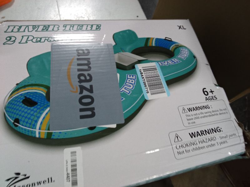 Photo 1 of Jasonwell Inflatable River Tube Float - 2 Person Heavy Duty River Float Pool Floats with Removable Cooler Lake Water Tubes for Floating River Raft Lounge Floatie with 2 Cup Holders for Adults (Cyan)