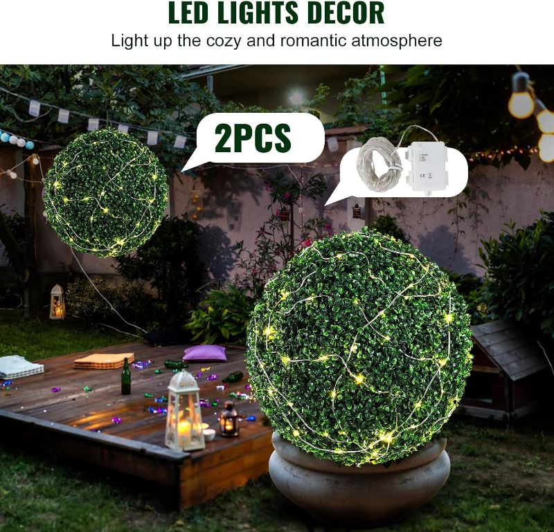 Photo 1 of  VEVOR 2 Pcs 20” Artificial Plant Topiary Ball, Faux Boxwood Balls with 2 LED Light String, All-Year Green Faux Plant Decorative Balls for Backyard, Balcony,Garden, Wedding and Home Décor 