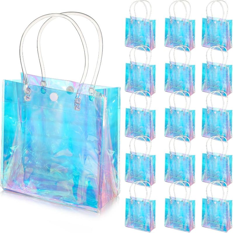 Photo 1 of  Sherr 16 Pcs Holographic Small Gift Bag Reusable Iridescent Clear Bags for Women PVC Plastic Goodie Holder with Handles for Shopping Christmas Holiday Gift Party Favor(5.91" x 6.3" x 2.76",Rainbow) 