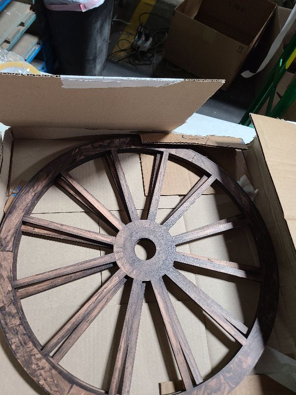 Photo 1 of  OYEFLY 2 Pcs Wagon Wheel Decor,Decorative Vintage Wood Garden Wagon Wheel,Vintage Rustic Wagon Wheel (Brown, 12 Inch) 