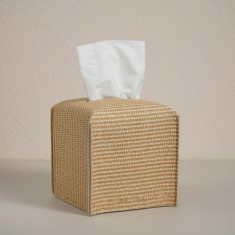 Photo 1 of OLETHA Square Tissue Box Cover - Aesthetic Desk Decor for Room, Home & Office - Tissues Cube Boxes Holder - Woven Textured, Light Taupe