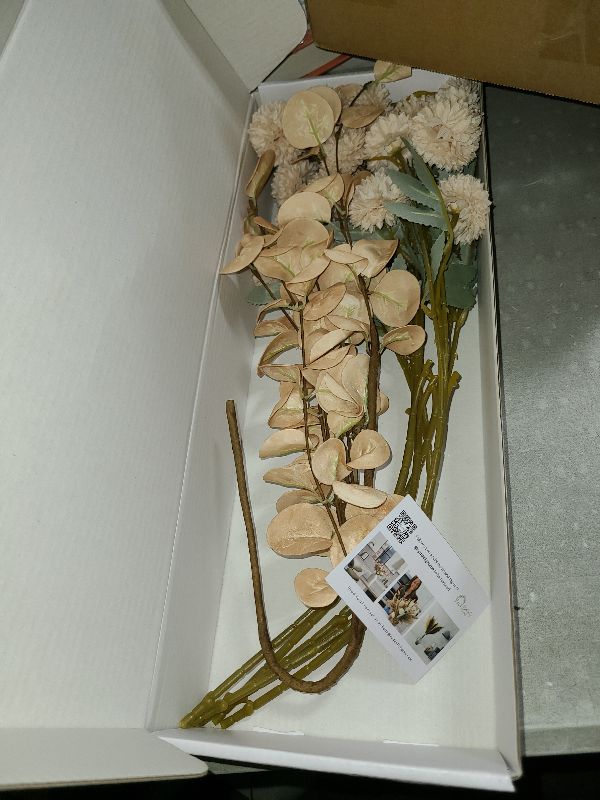 Photo 1 of 10 Stems Beige Flowers Artificial + Eucalyptus, Fake Mums Long Stem Faux Flowers For Vase, Tan Nude Cream Neutral Floral, Pom Pom Chrysanthemum Floral Arrangements, Silk Mini Faux Kiku Flower bulk