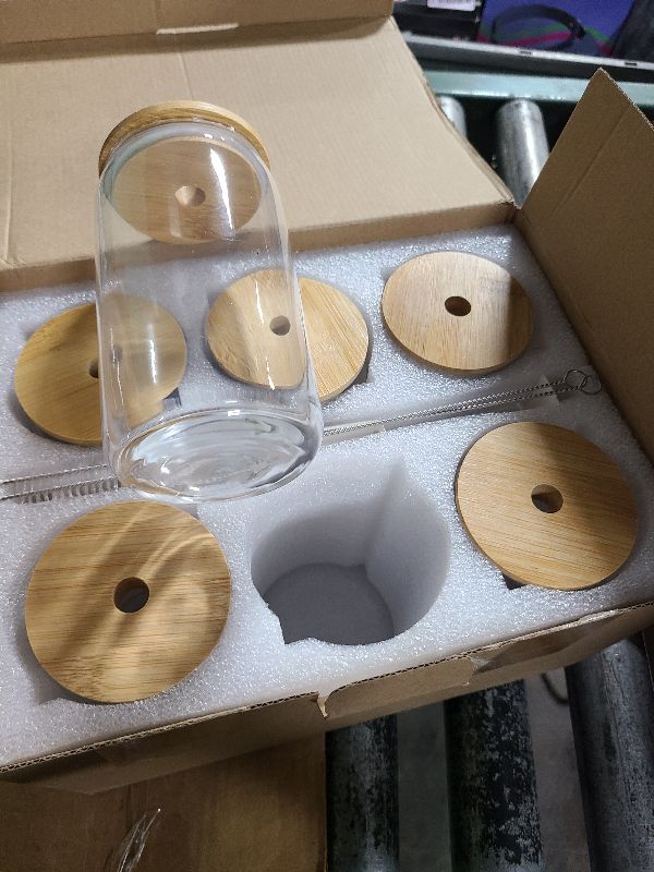 Photo 1 of [ 6pcs Set ] Glass Cups with Bamboo Lids and Glass Straw - Beer Shaped Drinking Glasses, 16 oz Iced Coffee Glasses, Cute Tumbler Cup for Smoothie, Boba Tea, Whiskey, Water - 2 Cleaning Brushes