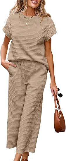 Photo 1 of  SHEWIN Womens Two Piece Fall Outfits Sweatsuits Casual Pullover Tops and Wide Leg Sweatpant Lounge Sets 