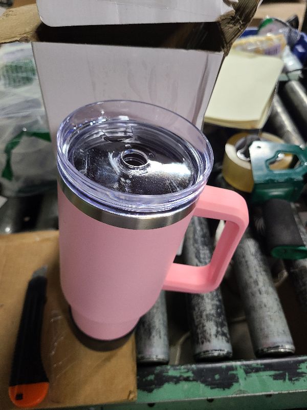Photo 1 of 40 oz Tumbler with Handle and Straw, Pink Insulated Travel Mug Iced Coffee Cup, Reusable Stainless Steel Insulated Water Bottle, Keeps Drinks Cold for 34 Hours, Women Christmas Gifts for Mom Grandma
