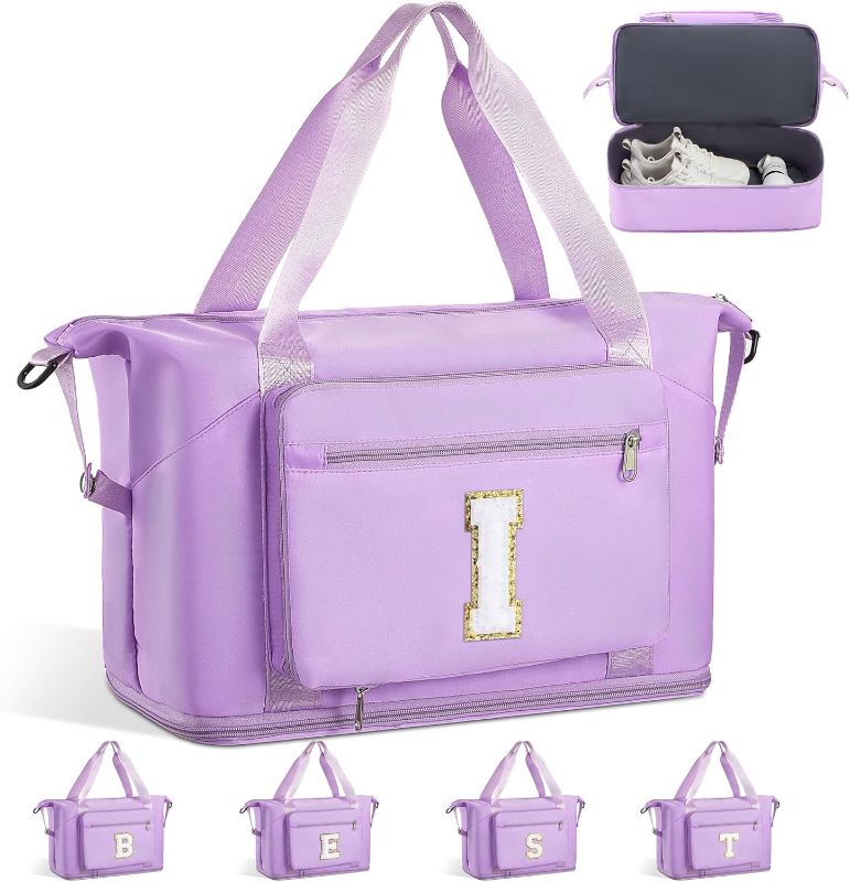 Photo 1 of  Gifts for Women & Girls-Initial Duffle Bag for Travel, Carry on Bag Duffel Bags, GYM Weekend Overnight Bag with Shoes Compartment,Hospital Bags -Purple I 
