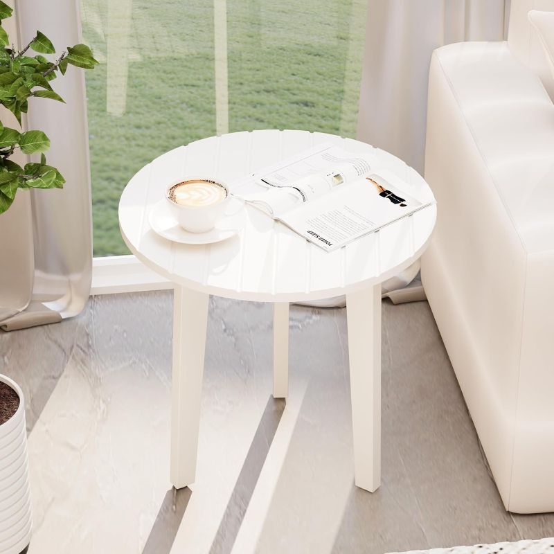 Photo 1 of  Round Wooden Patio Table - End Table for Small Spaces, Indoor & Outdoor, 3 Legs White 