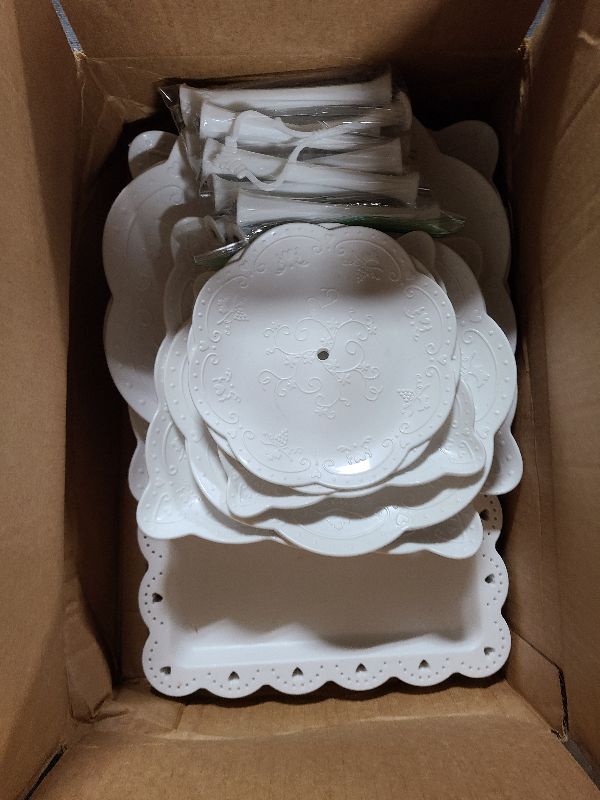 Photo 1 of 10 Pcs Cake Stand White Plastic Dessert Table Stand Set 4 Pcs 3 Tired Cupcake Display Stands Cookie Tray Rack Serving Tray Cake Display Tower and 6 Pcs Dessert Trays for Wedding Baby Shower Tea Party