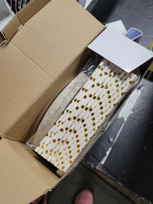 Photo 1 of 200 pieces of white and gold birthday party supplies, disposable happy birthday tableware set, gold plastic knives, forks, spoons, straws. Birthday themed tray, cup,25Guests?white?