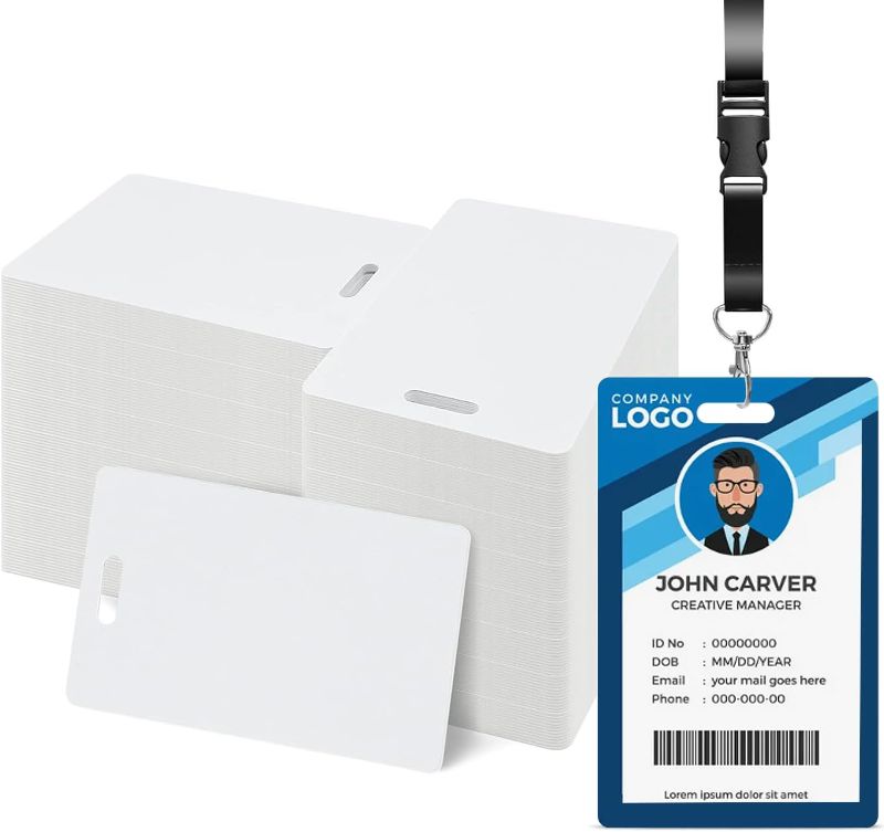 Photo 1 of 500 Pcs White PVC Cards with Vertical Slot Punch on Short Side, CR80 30 mil Standard Credit Card Size, Blank ID Cards Plastic Business Cards for Business Office, Custom ID Badges, Hall Passes, Crafts