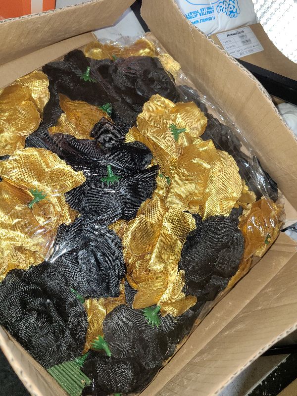 Photo 1 of 108pcs Roses Head Flowers with Stem - Black & Gold Graduation Artificial Flowers Rose Bulk - Silk Rose Fake Flower for Wedding Bouquet Decor DIY Baby Shower Centerpieces Grad Party Tables Decoration