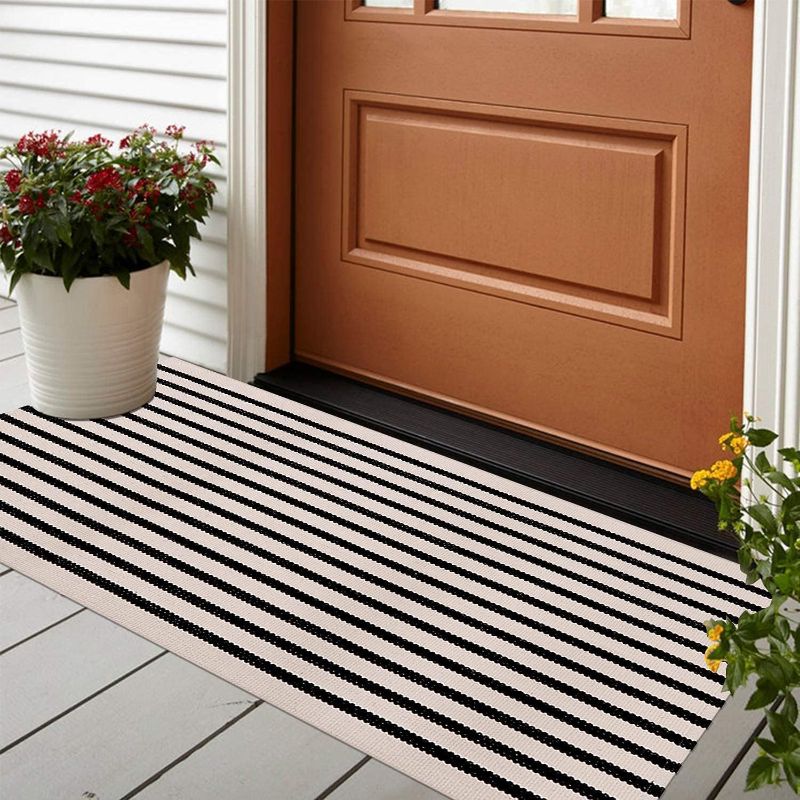 Photo 1 of  LEEVAN Black and White Striped Outdoor Rug Runner 24"x51" Layering Doormat Farmhouse Front Porch Rug Cotton Woven Washable Throw Carpet for Hallway/Front Steps/Bathroom/Kitchen/Home Entrance Size: 2' x 4'3" (Rectangular)