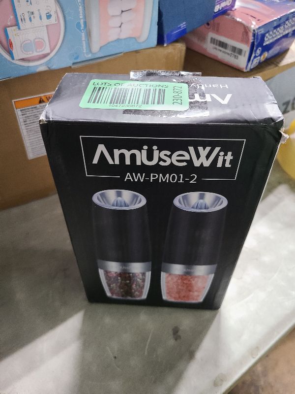 Photo 1 of AmuseWit Gravity Electric Salt and Pepper Grinder Set of 2 [White Light] Battery Operated Automatic Pepper and Salt Mills with Light,Adjustable Coarseness,One Handed Operation,Black