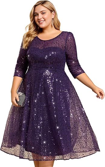 Photo 1 of Ever-Pretty Women's 3/4 Sleeves Sequin Empire Waist A Line Plus Size Midi Formal Cocktail Wedding Guest Dresses 02241 SIZE 20/ 2XL