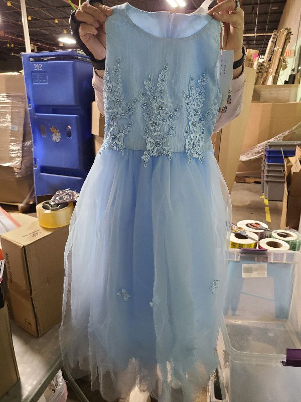 Photo 1 of Flower Girl Lace Dress for Kids Wedding Bridesmaid Pageant Party Formal Long Maxi Gown Big Little Princess First Communion Birthday Dance Prom Sequins Bowknot Puffy Tulle Dresses Blue 4-5 Years