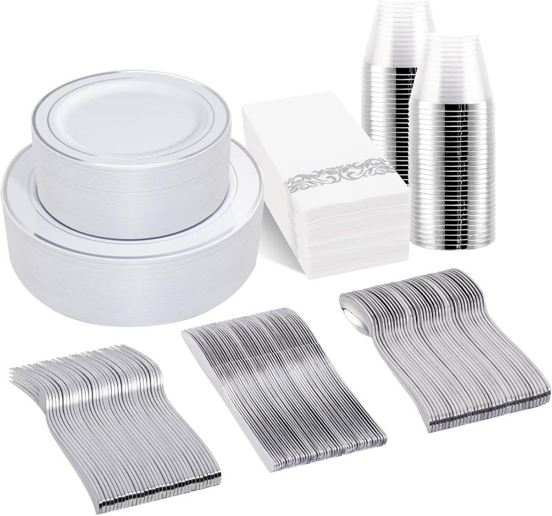Photo 1 of BUCLA 350PCS Silver Plastic Plates With Disposable Plastic Silverware&Napkins- Silver Rim Plastic Dinnerware Include 50Dinner Plates/ 50Dessert Plates/ 50Forks/ 50Knives/ 50Spoons/ 50Cups/ 50Napkins 